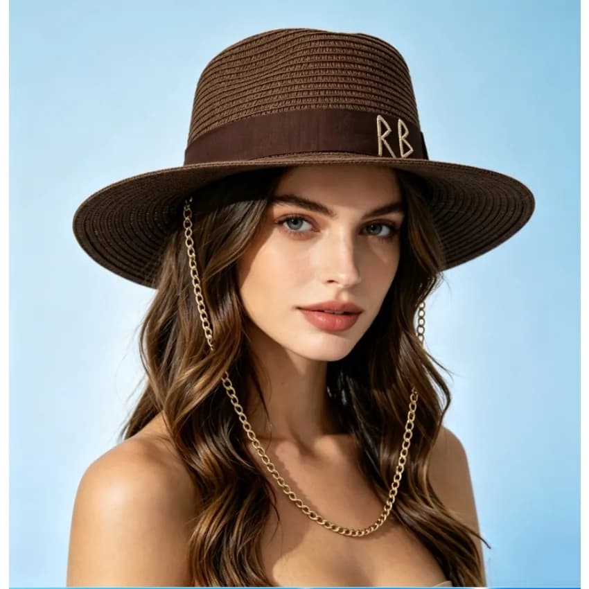 Hot Sale Chain Straw Fedora with Ribbon Letter & Dent Crown, Outdoor Beach Sun Cap for Women