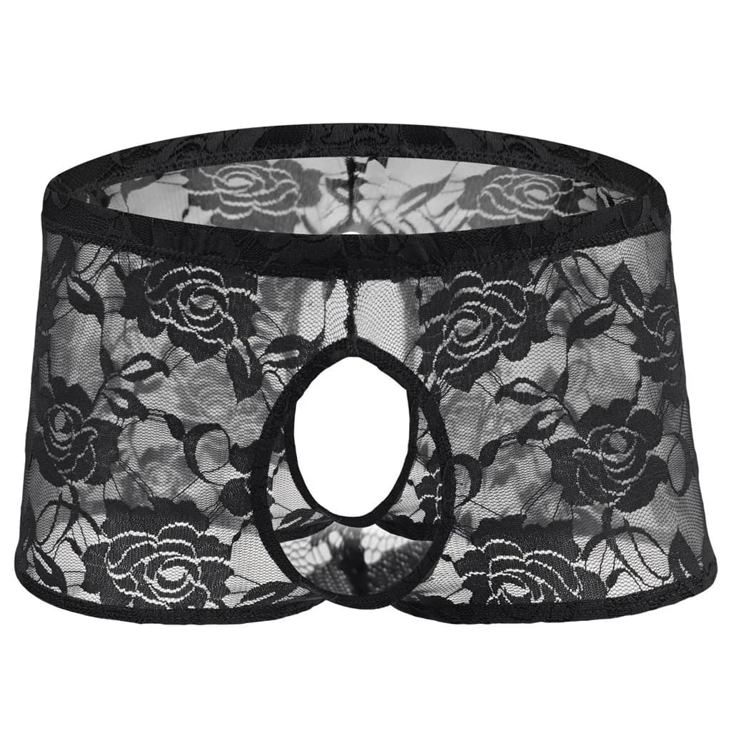 Boxer da uomo in pizzo rosa vedere attraverso la biancheria intima Sissy con apertura sul cavallo Lingerie aperta sul davanti Mutandine per pene Crossdress Mutande da notte