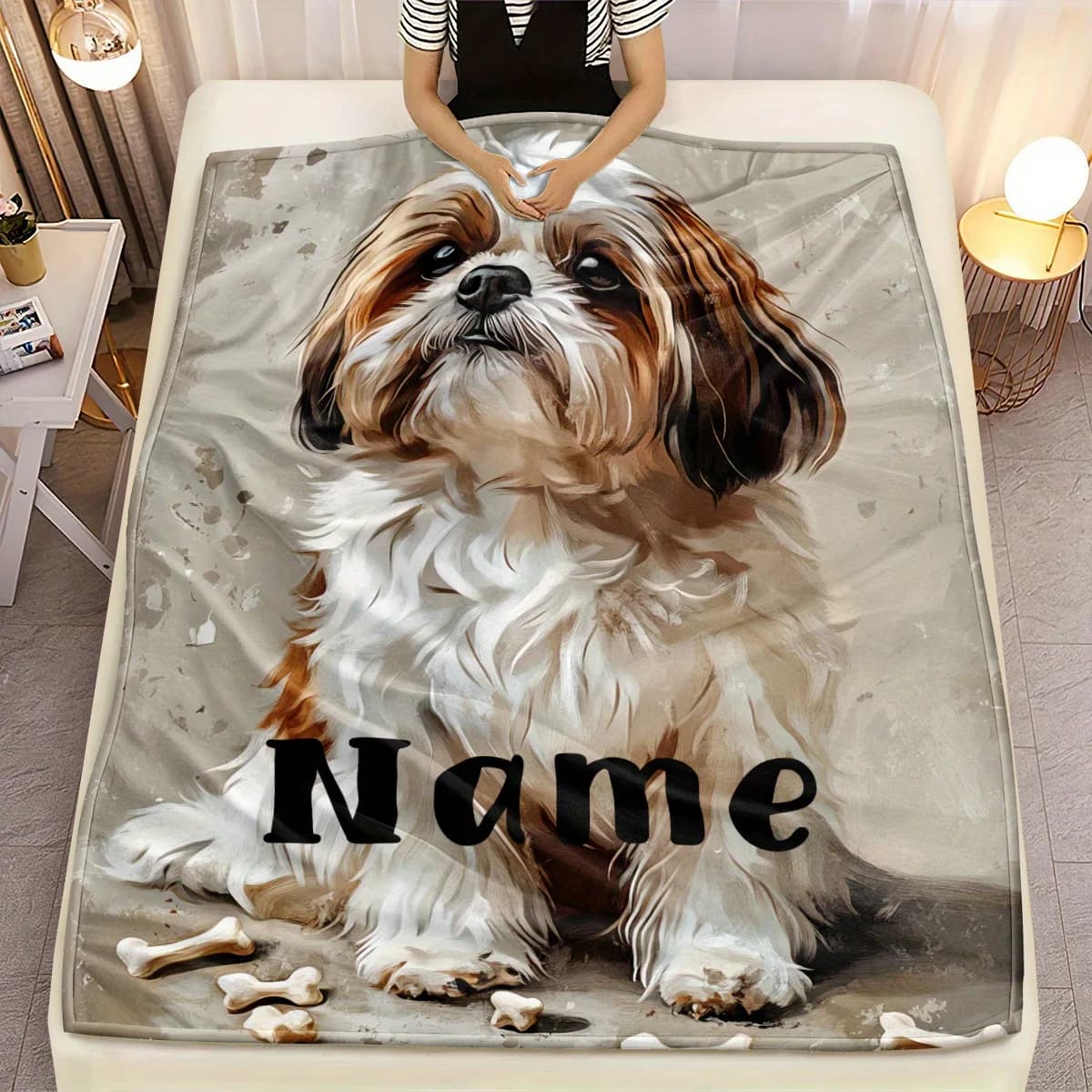 Customized Name Design Cute Shih Tzu Dog Print Blanket, Lightweight and Warm, Perfect for Sofas, Camping, Living Rooms