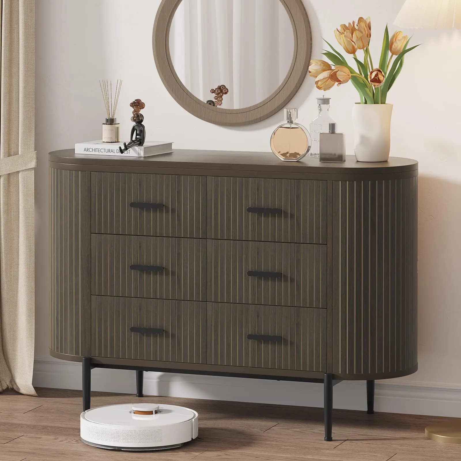 Cassettiera moderna scanalata in stile Mid-Century da 47,2 pollici con 6 cassetti, piano in marmo, cassettiera in legno e maniglie dorate per camera da letto e soggiorno