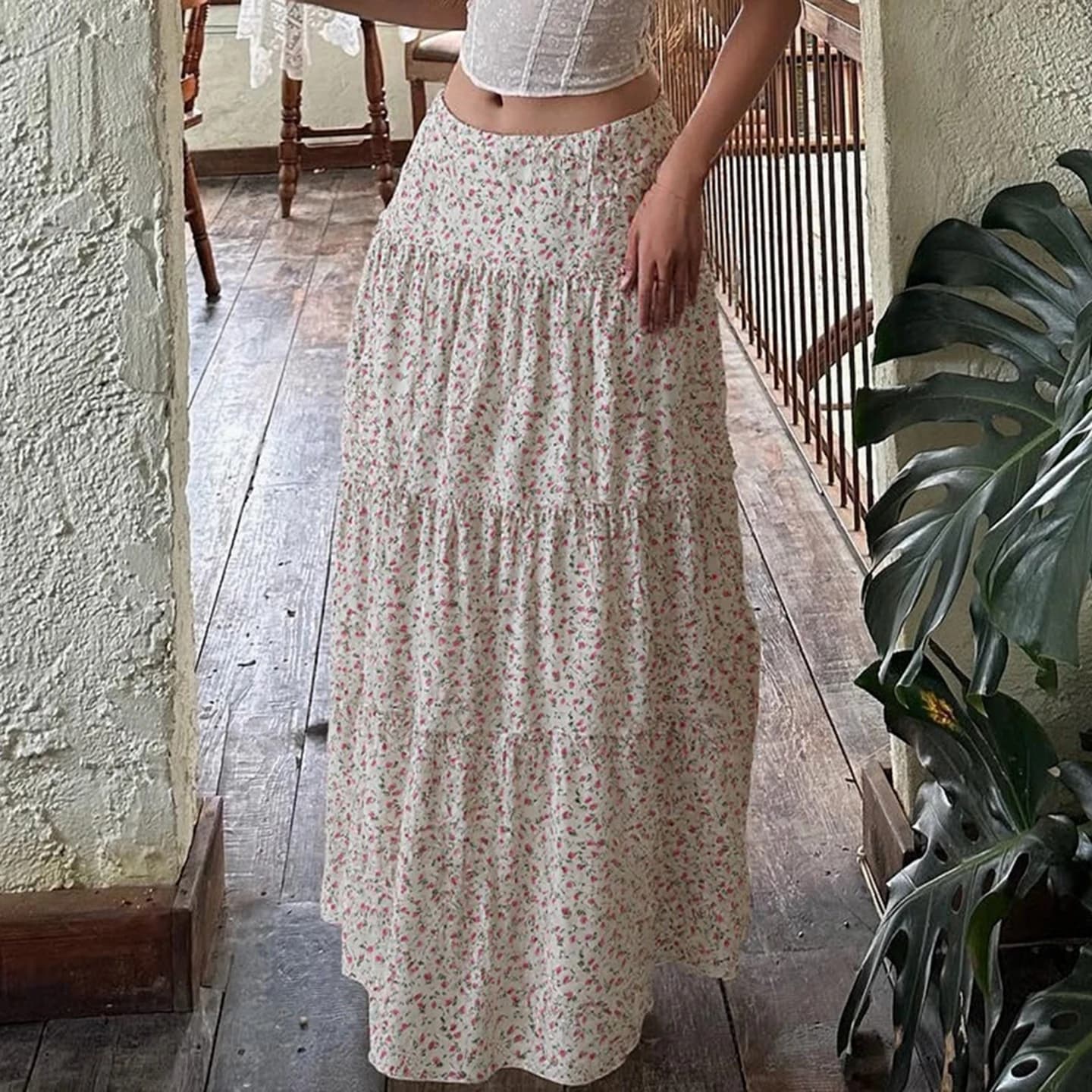 SUCHCUTE Casual Women's Floral Skirt Summer Vacation Elastic Waistband Long Skirt All Match Elegant Outfit Harajuku Boho Clothes