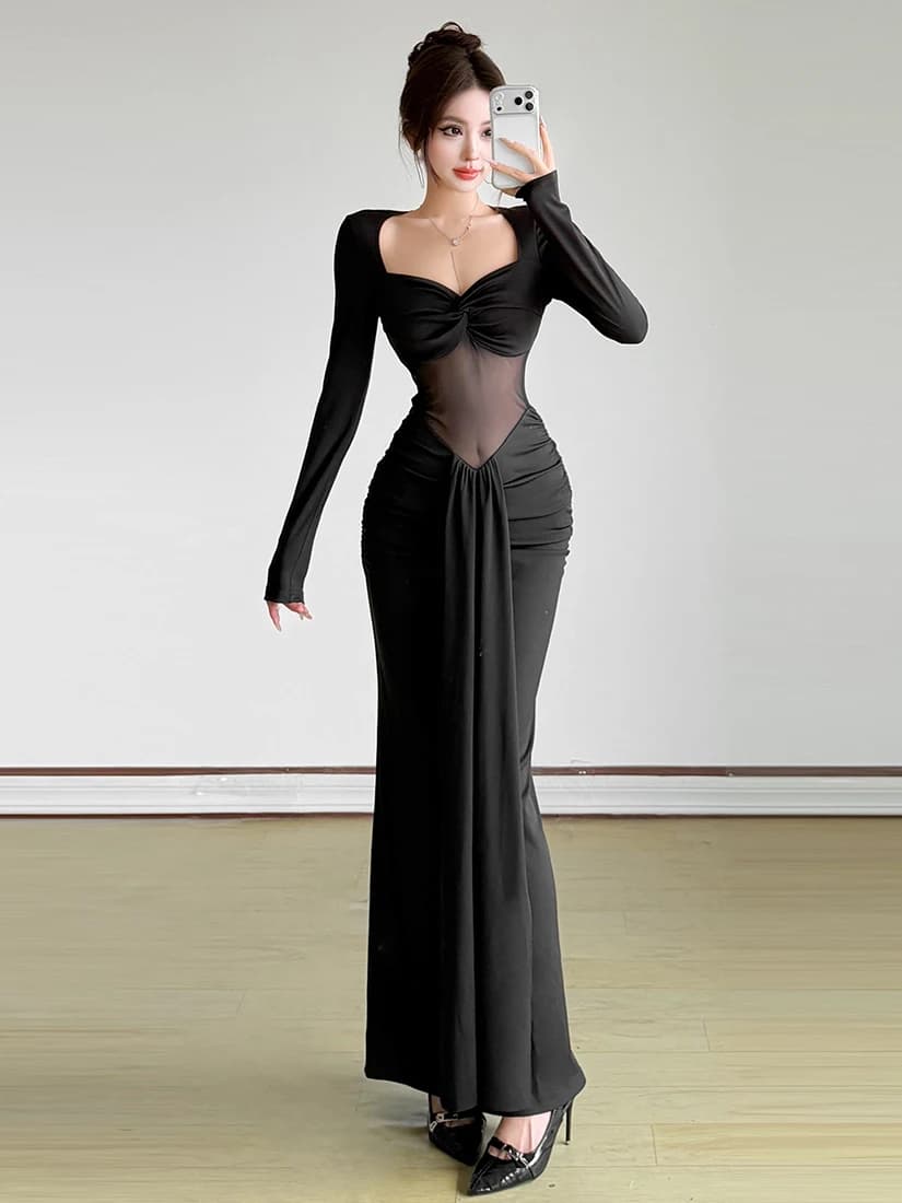 SylCue Women's Sexy Dress Black with Long Sleeve Inserts, V Neckline, Waist Belt, Polyester Mixed skirt, Slim Fit Summer Dress