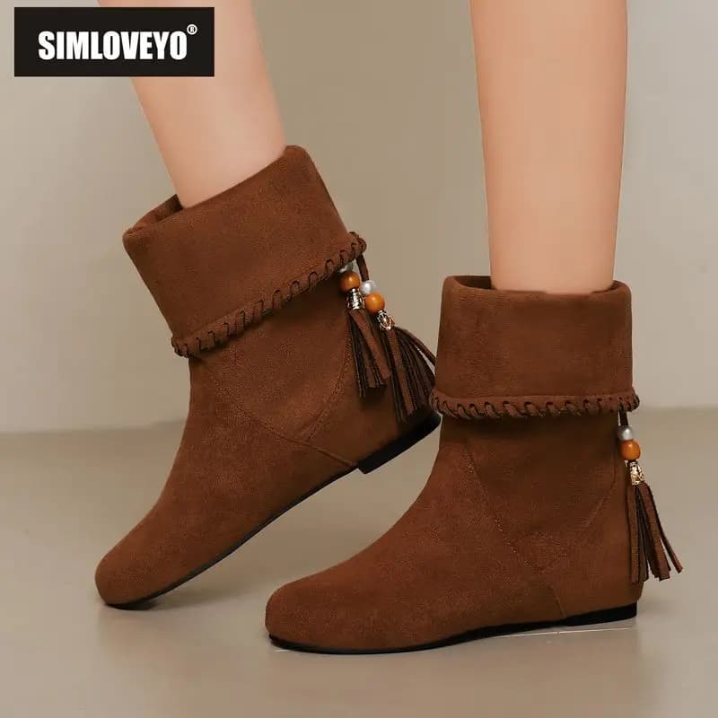 SIMLOVEYO Designer Women Mid Calf Boots Round Toe Flock Suede Flats Dual Wear Plus Size 46 47 48 Female Fringe Autumn