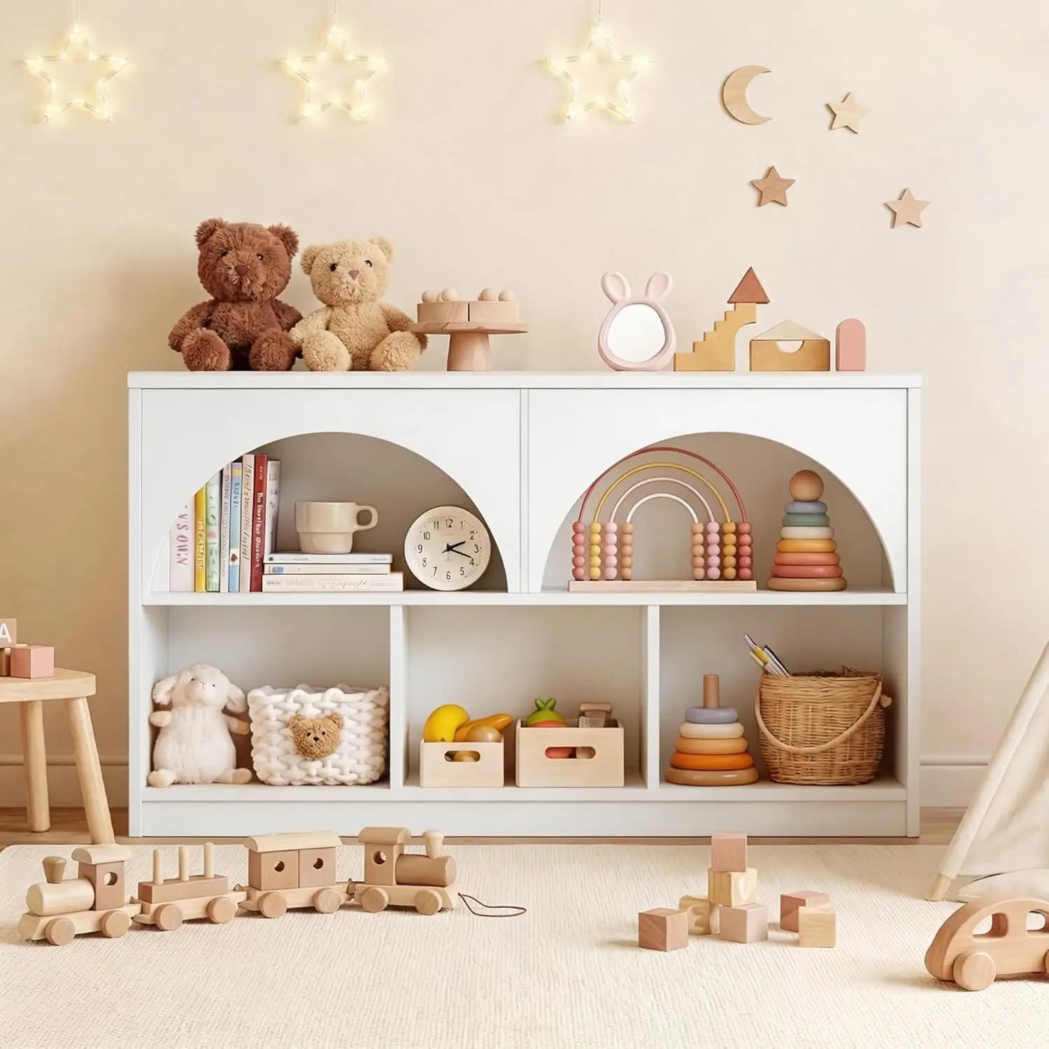 Libreria ad arco a 2 ripiani, organizer in legno per giocattoli, scaffale per bambini a 5 sezioni per sala giochi, cameretta, bianco