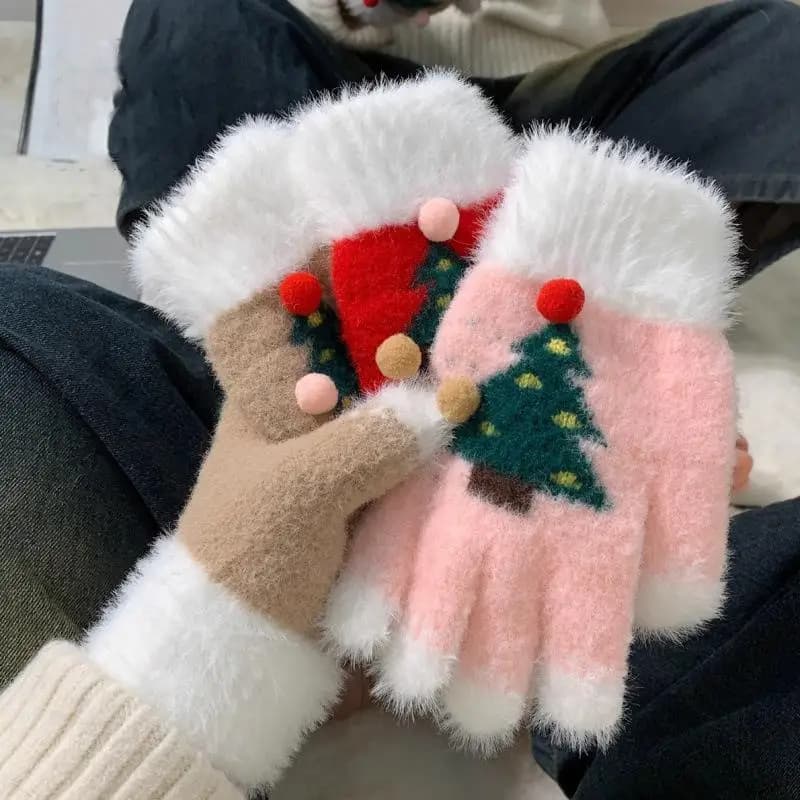 Guanti natalizi da donna in soffice pelliccia invernale caldo touchscreen spesso ciclismo regalo per studenti design albero fiocco di neve