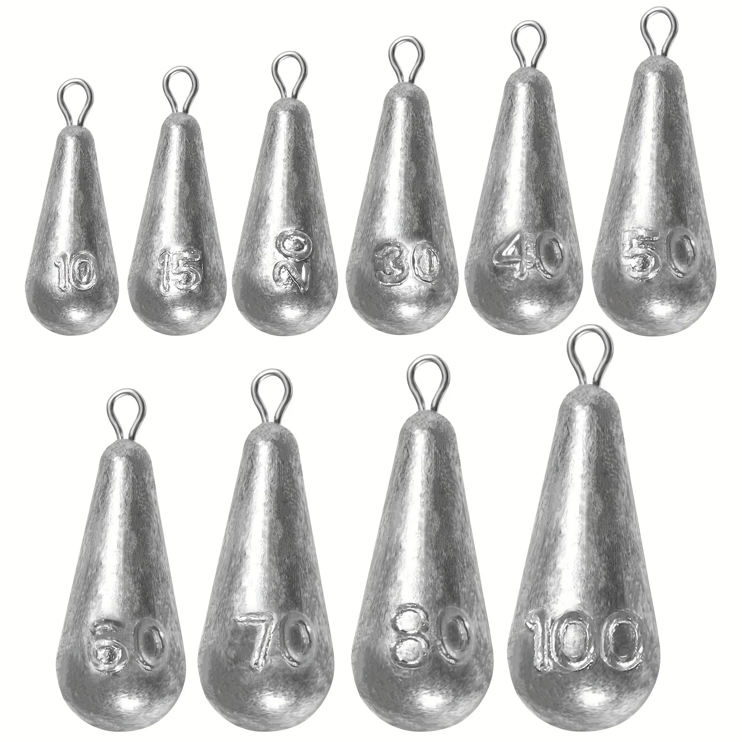 Fishing weight rains, 10-size lacryme-shaped fishing lead rains, Spike casting weights for fresh salt water
