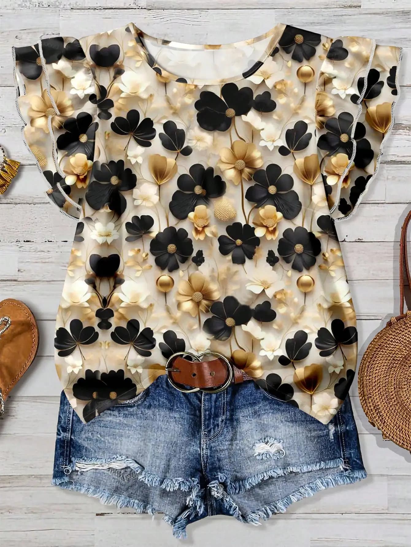 Floral Print Loose Top with Ruffled Cap Sleeves, Round Neck, Summer Casual Blouse