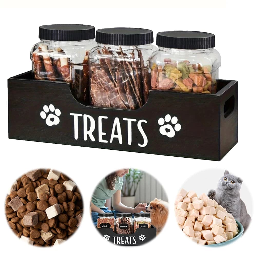 Contenitore in Legno per Snack per Animali Domestici con 3 Barattoli in Plastica, Organizzatore Multifunzione per Cibo per Cani e Gatti