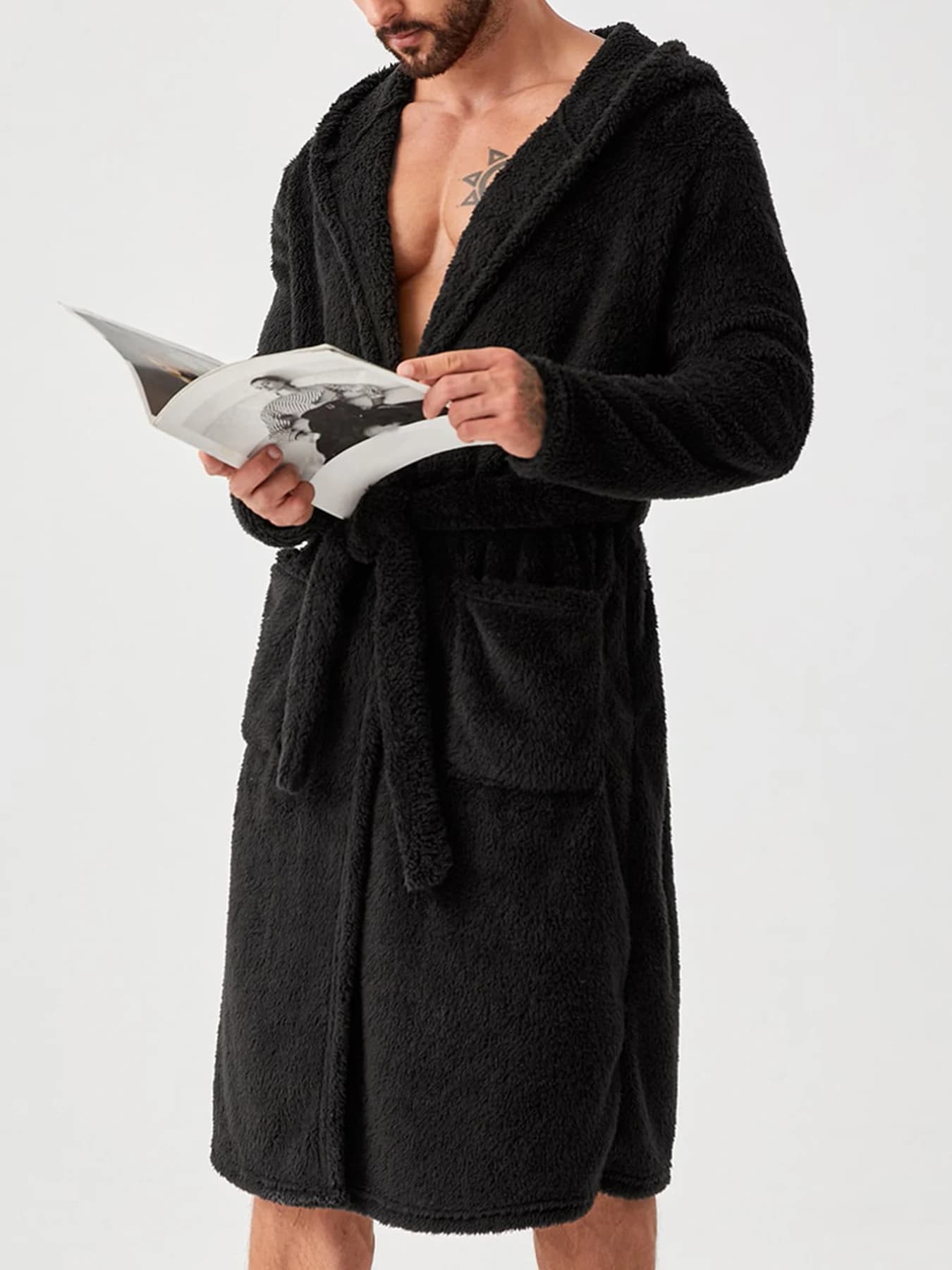 Accappatoio da uomo in flanella spessa con cappuccio, caldo e lungo, per l'inverno