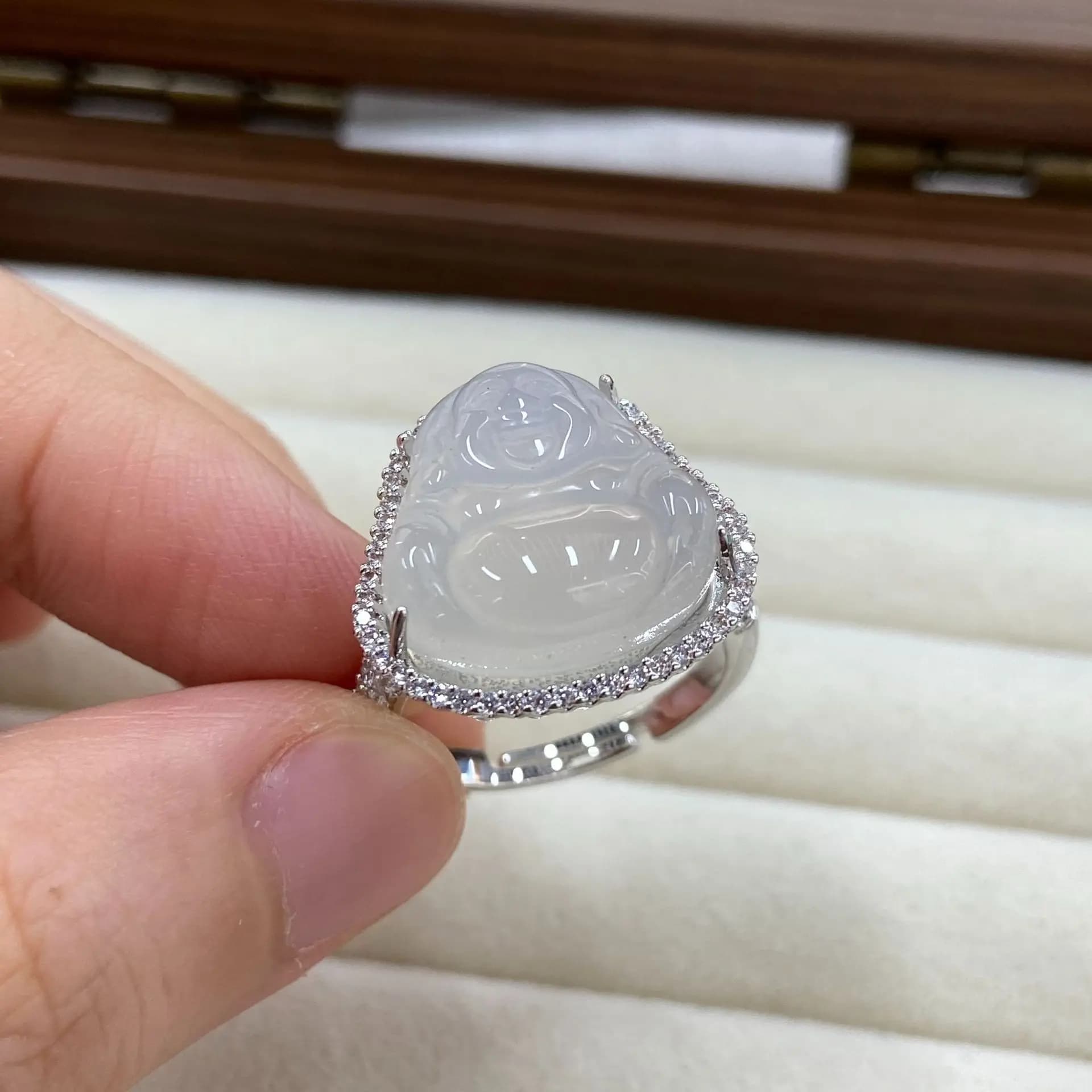 Dainty New Chinese Style Maitreya Buddha Ring High Ice Chalcedony Light Luxury Women Fashion Holiday Present