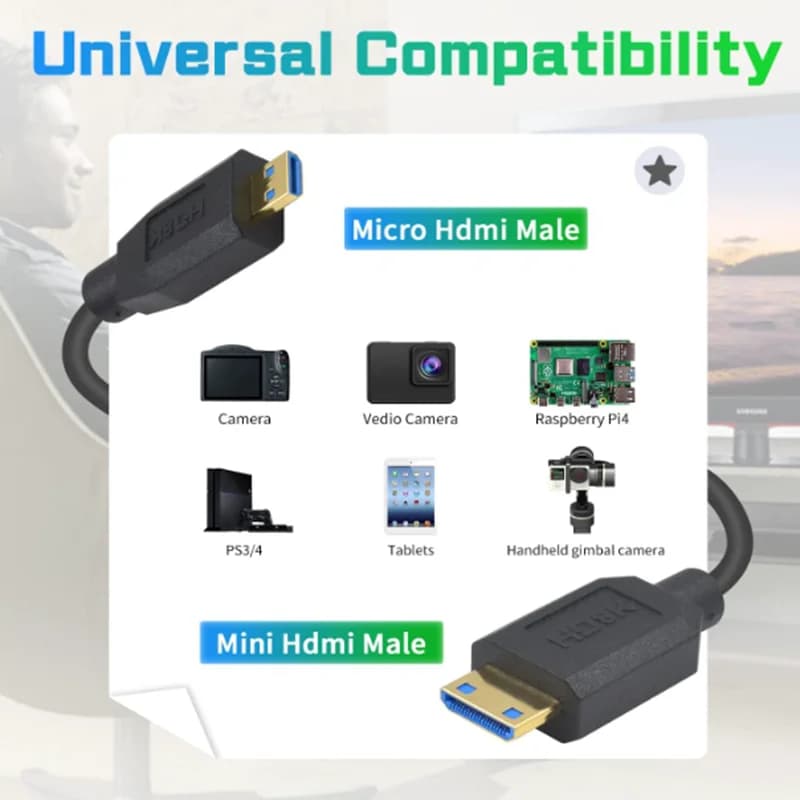 0.3m OD4.0mm 2.1V 8k@60hz Micro HDMI - compatible with Mini HDMI - compatible male 90 Degree C-D Adapter Cable