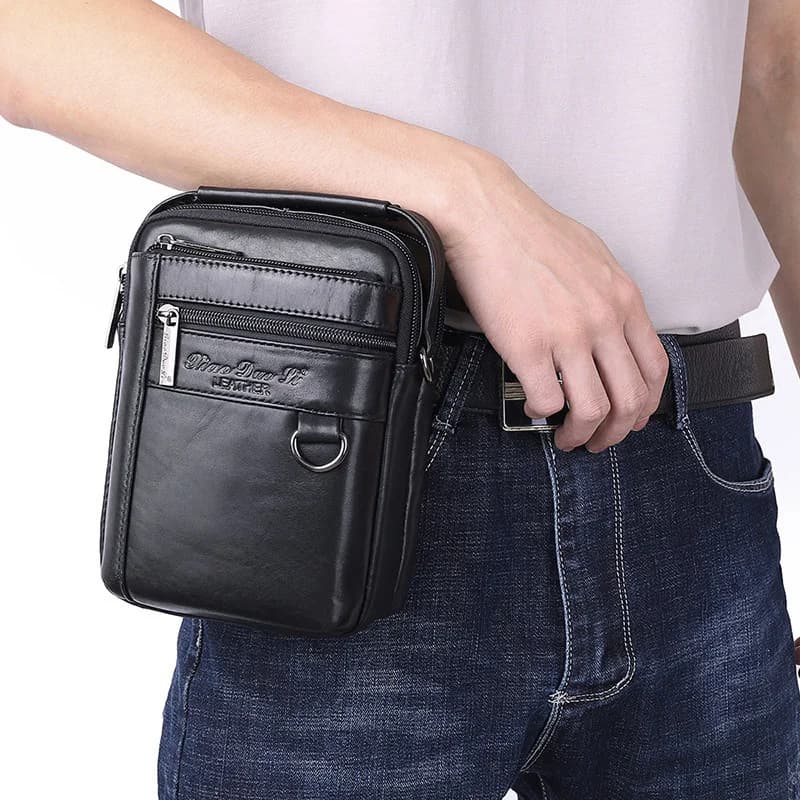 Men's waist bag multi functional Mini Crossbody one shoulder bag leather 7 inch mobile phone waist bag Korean fashion