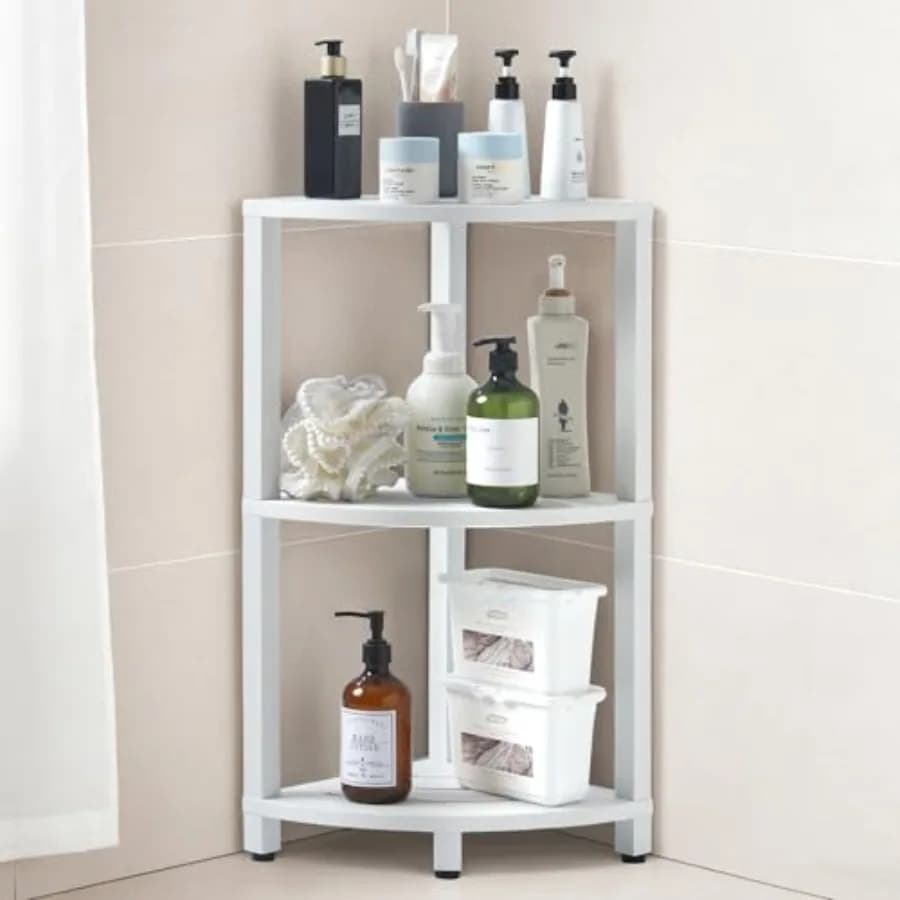 Organizzatore angolare da doccia a 3 livelli HDPS con ripiano, sgabello e poggiapiedi rimovibili, impermeabile e resistente per il bagno