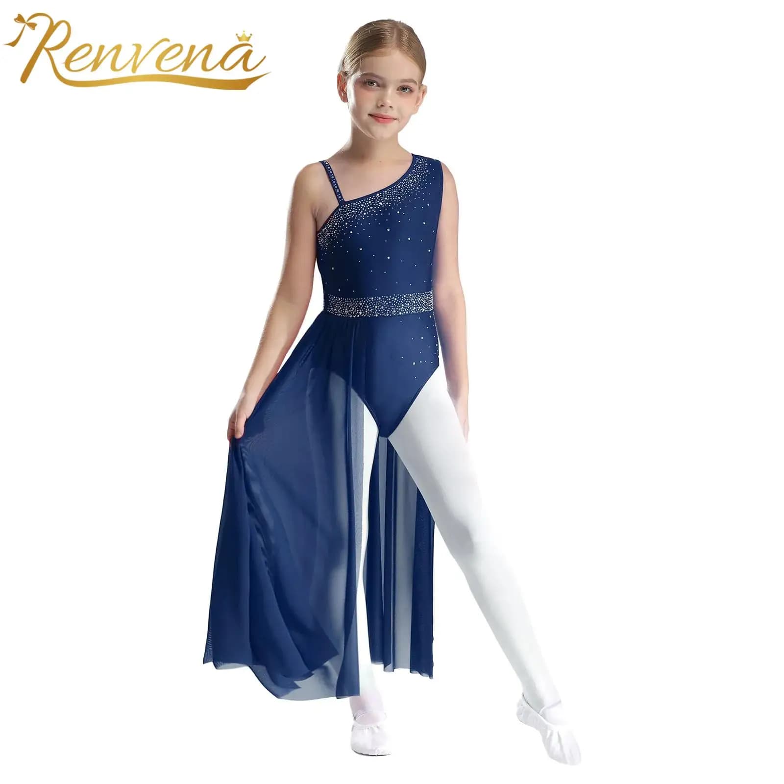 Girls Gymnastics Jumpsuit Children Sheer Mesh Skirted Leotard Ice Skating Bodysuit Lyrical Dance Costume Kids Ballet Dancewear