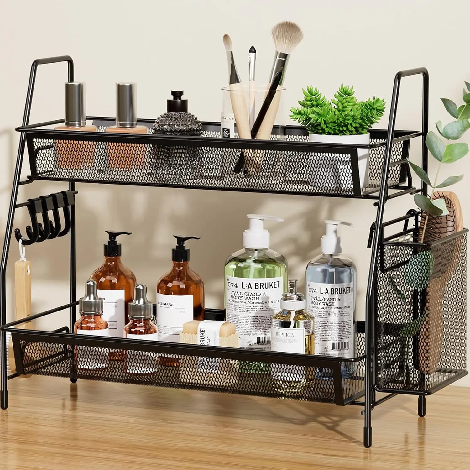 2-Tier Bathroom Organizer Countertop, Metal Wire Mesh Bathroom Counter Organizer Storage with Basket Hooks, Vanity Tray Shelf, Kitchen Spice Rack, Black