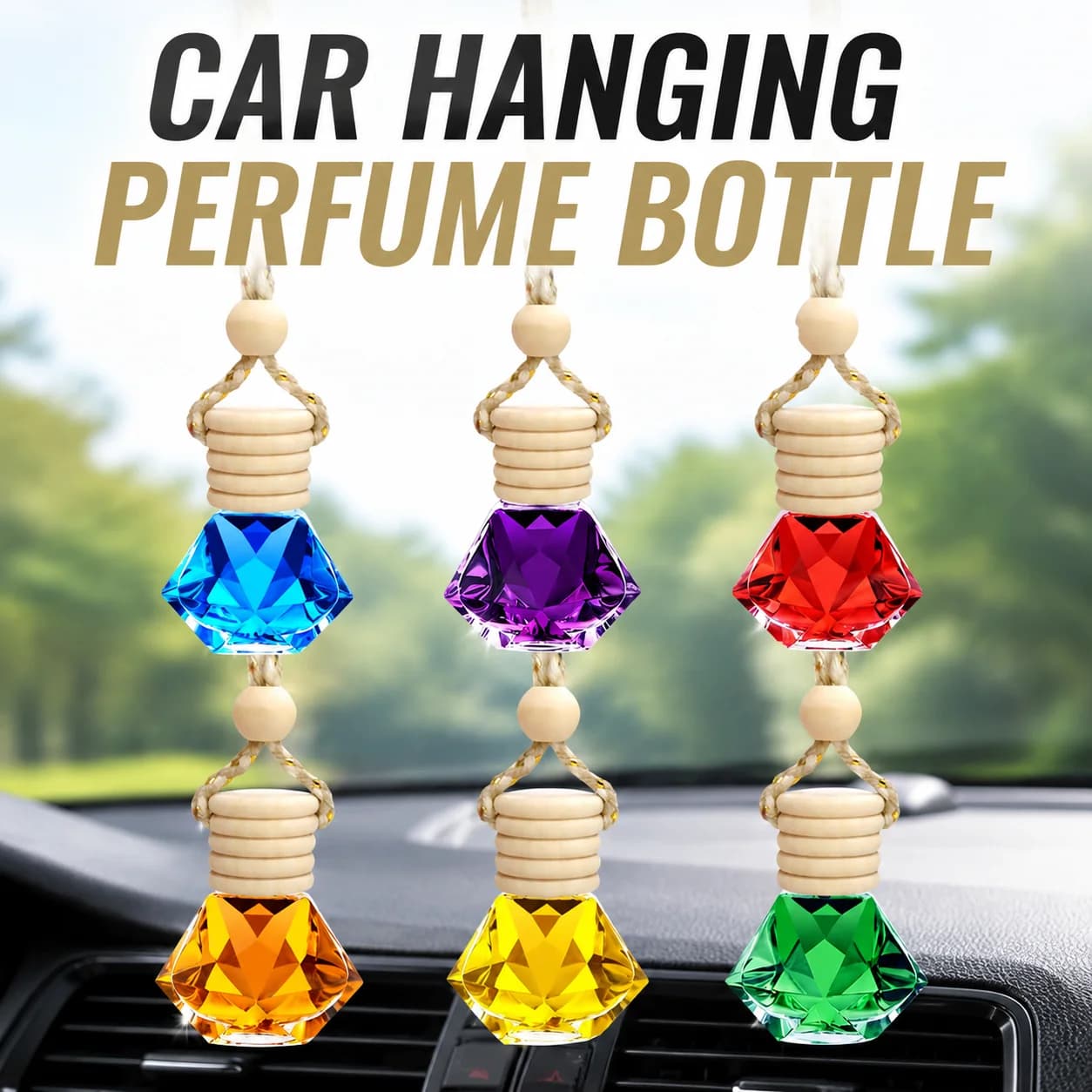 Car Hanging Perfume Bottle Glass Essential Oil Diffuser Refillable Air Freshener Wooden Cap Auto Decoration