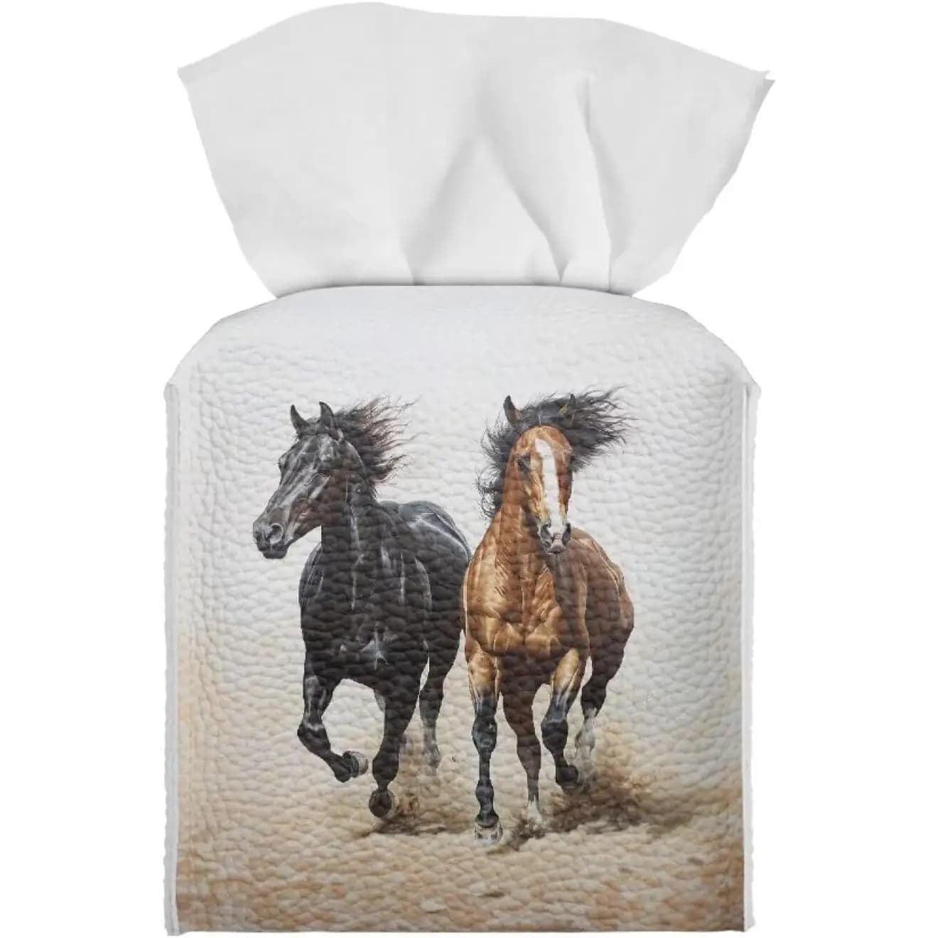 Porta Fazzoletti Quadrato in Pelle PU con Cinghia Inferiore, Design Cavallo in Corsa, Estetico e Decorativo