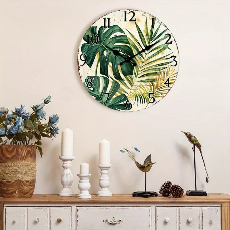 1pc Tropical Leaf Design Wooden Wall Clock, Non-Ticking 10"/12"/14"/16" Round Clock with Vibrant Monstera & Palm Leaf Patterns for Office, Conference Room, Reception Area, Lounge, Waiting Room - AA Battery Operated (Battery Not Included), Clock Wall Decor