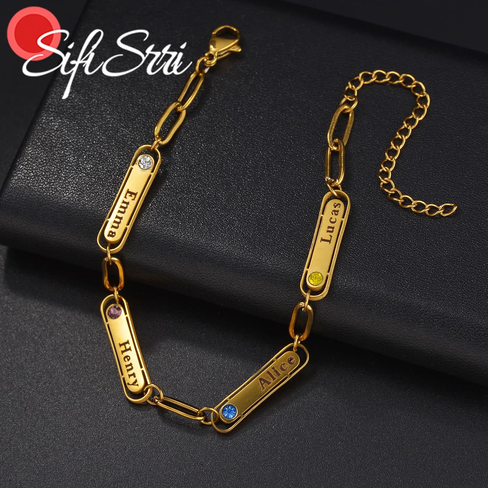 Sifisrri Bracciale con nome personalizzato per donna con pietra portafortuna Gioielli in acciaio inossidabile Targhetta per famiglia Regalo di compleanno personalizzato
