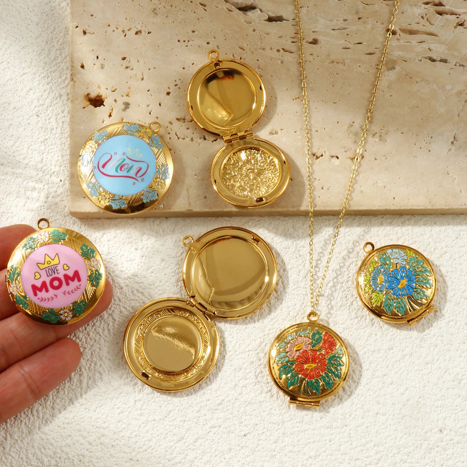 1Pc 304 Stainless Steel Mother's Day Picture Photo Locket Frame Pendants 18K Gold Plated Enamel Can Open Charms For DIY Necklace