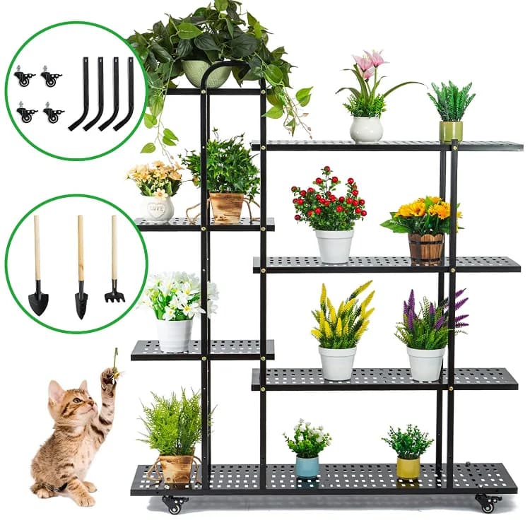 Metal mobile plant flower vases Wheels for support for black plants for indoor and outdoor