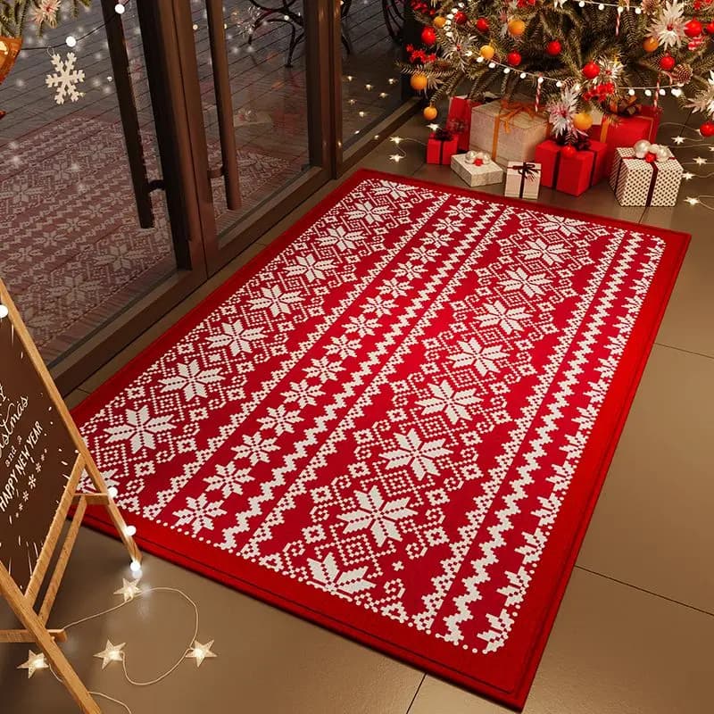 VIKAMA Christmas Crystal Velvet Door Mat Fair Isle Snowflake Pattern Print Non Slip Mat For Front Door Porch Entry Decor