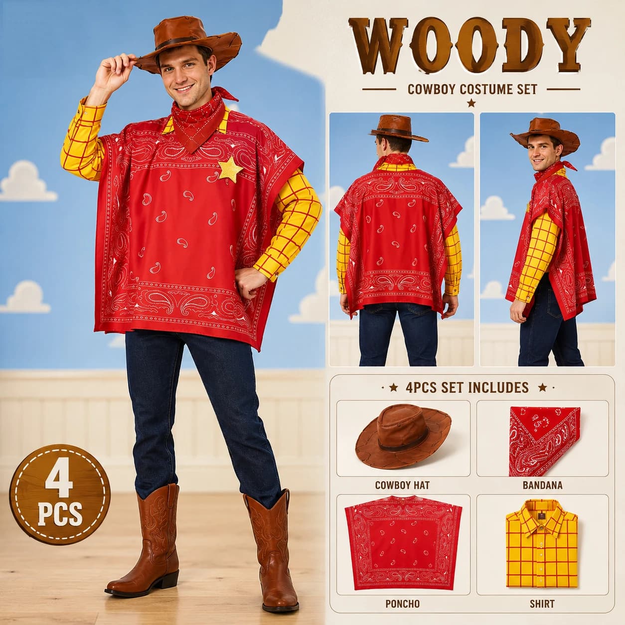 Costume da Cowboy Woody per Adulti, Set per Cosplay, Abbigliamento per Feste di Natale, Halloween, Carnevale, Spettacoli Teatrali, DISPONIBILE