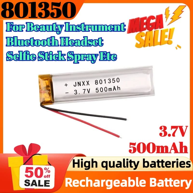 801350 Batteria ricaricabile ai polimeri di litio LiPo da 3,7 V 500 mAh per strumenti di bellezza Auricolare Bluetooth Selfie Stick Spray ecc