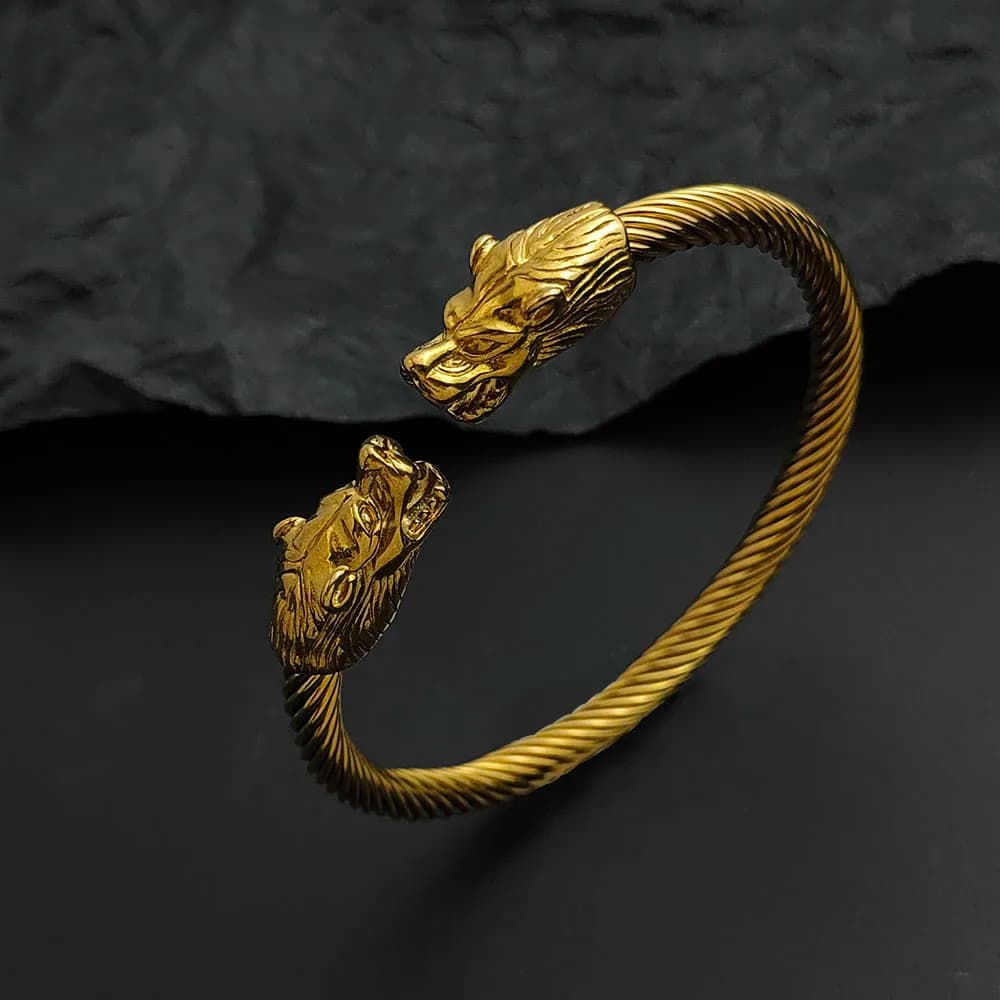 Bracciale da donna in acciaio inossidabile placcato oro con testa di lupo in filo d'acciaio creativo, impermeabile e antiruggine, braccialetto per coppia