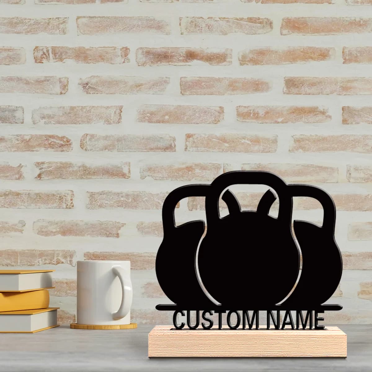 1pc Simple Kettlebell Custom Text Tin Statue Metal Ornament Art Figurine With Wood Base Metal Statue Office Desk