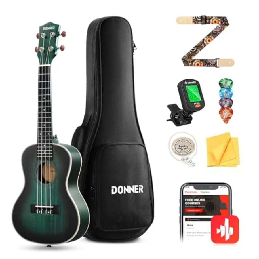 Concert Ukulele for adult beginners, mahogany body, dark green finish, includes online lessons, gig bag, Aquila strings, tuner,
