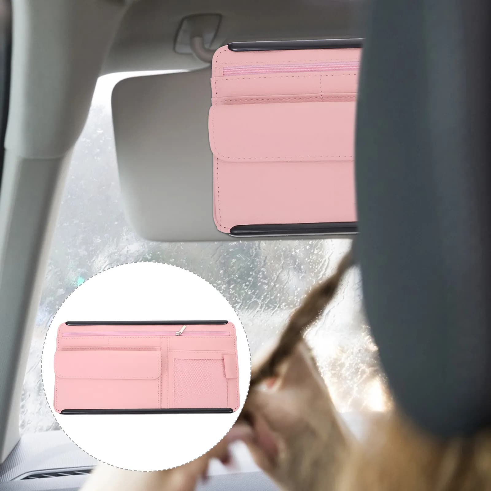 Organizer per Visiera Auto, Camion, SUV, Camper, Portaocchiali Multicomparto, Porta Carte, Cinghia Elastica di Sicurezza