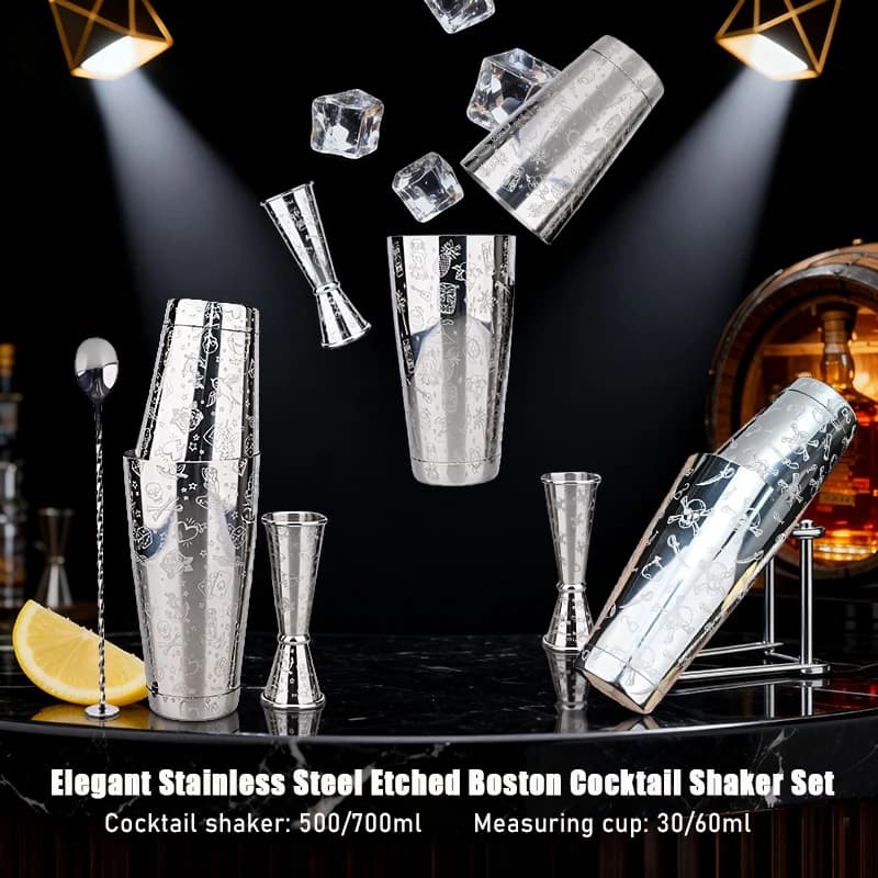 Elegante Set Shaker per Cocktail Boston in Acciaio Inossidabile 500/700ml+30/60ml Jigger — Inciso, per Bartender, Barware, Mixer, Professionale