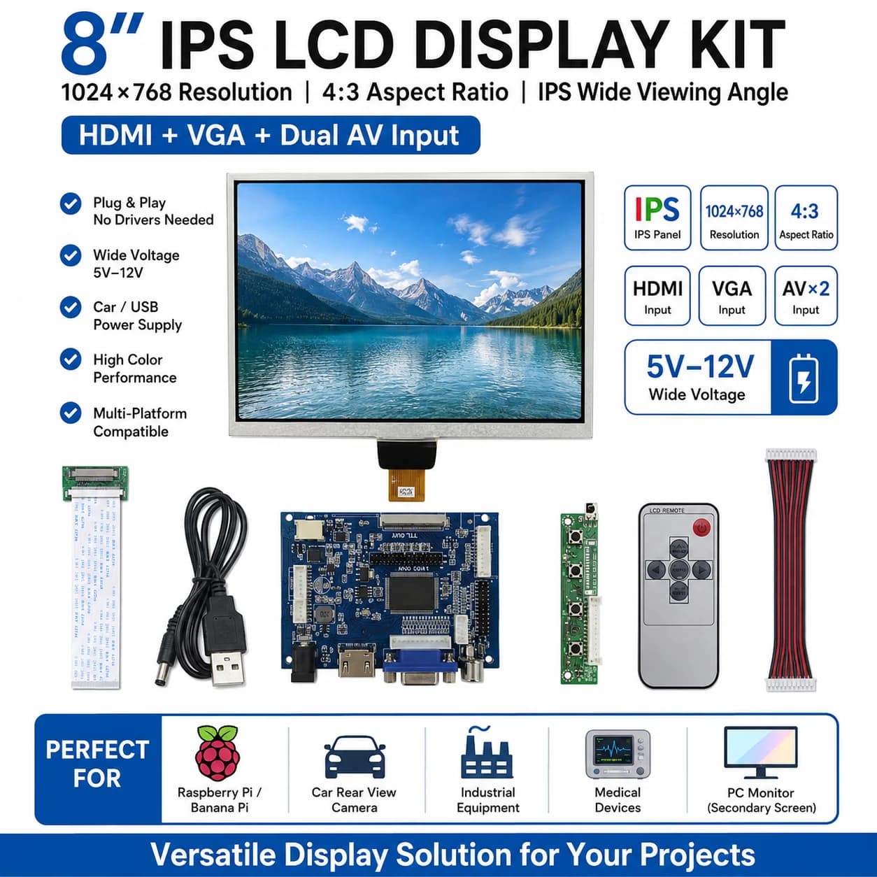 Schermo LCD IPS da 8 pollici + scheda driver controller HDMI. Crea un monitor portatile (secondo schermo) per Raspberry Pi, Banana/Orange Pi, PC.