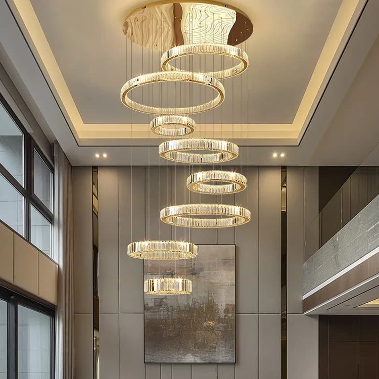 Lampada da ingresso in cristallo di lusso Lampade a sospensione multi-anelli Villa Lampadario di cristallo Illuminazione Lobby Hotel Soggiorno Luci decorative