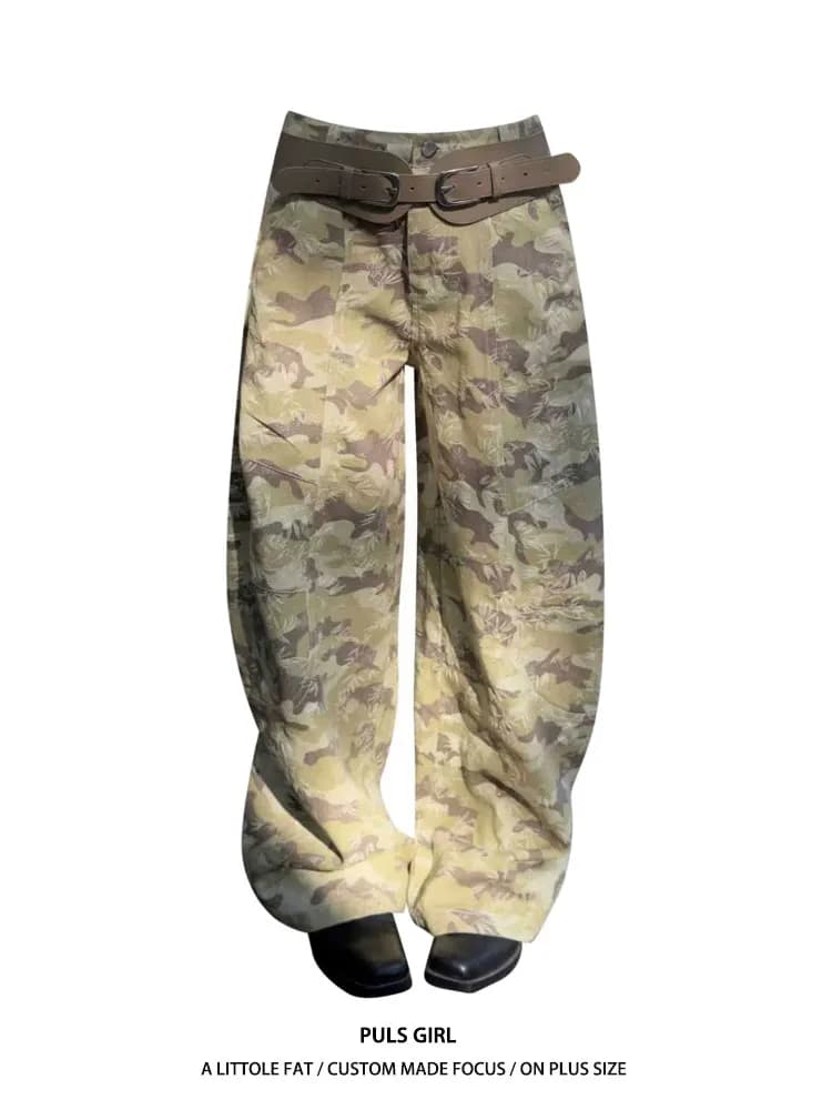 Jeans a Gamba Larga Stile Americano Taglia Grande Effetto Camouflage Lavato, Pantaloni Casual a Vita Alta per Donna