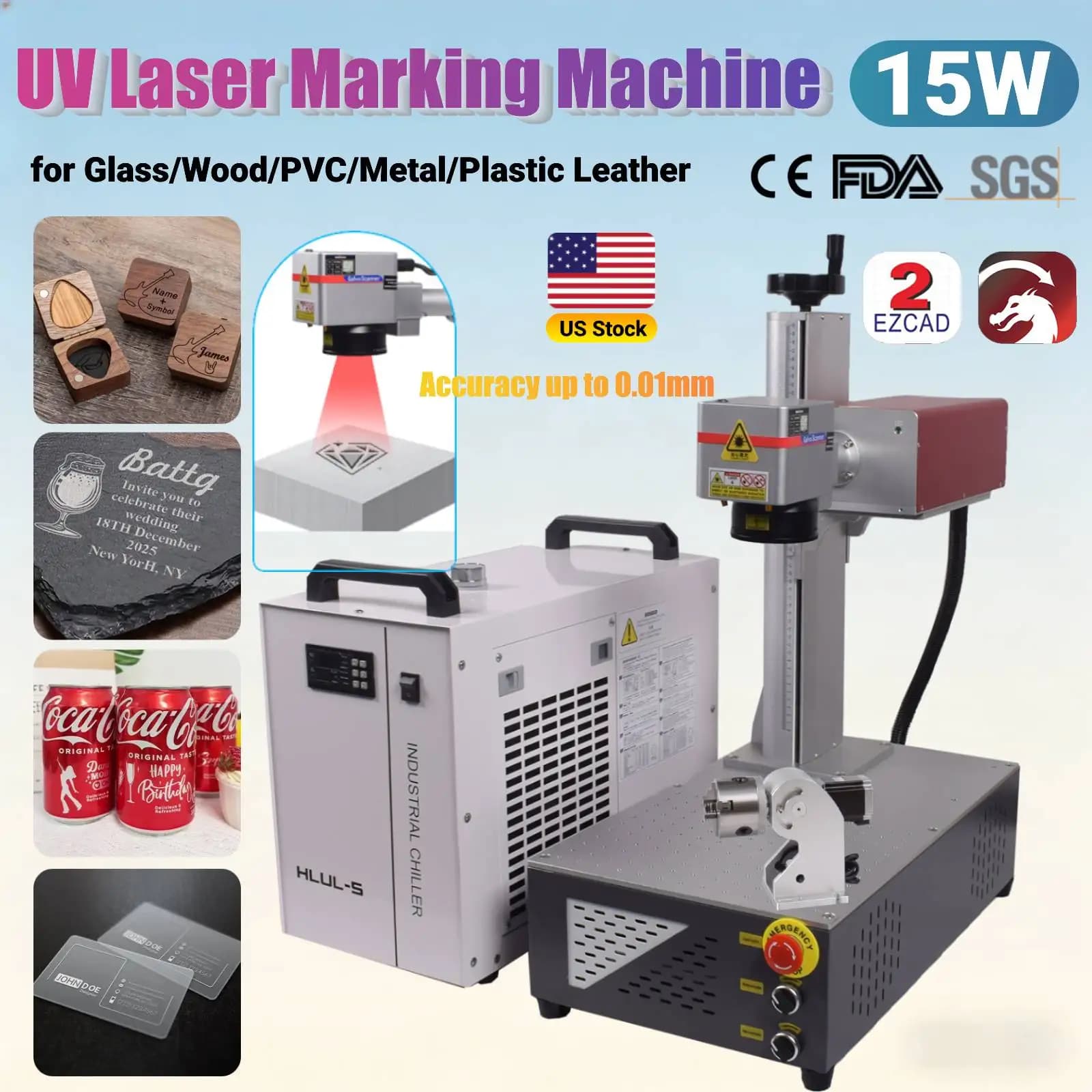 Laser Marking Machine UV 15W CRS 355nm Laser Engraver Water Cooling for Glass/wood/ PVC/metal/plastic leather