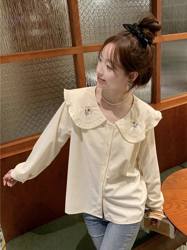 Zoki carino floreale dolce camicia da donna ricamo vintage camicetta Kawaii Giappone manica lunga allentata femminile elegante stile preppy top nuovo