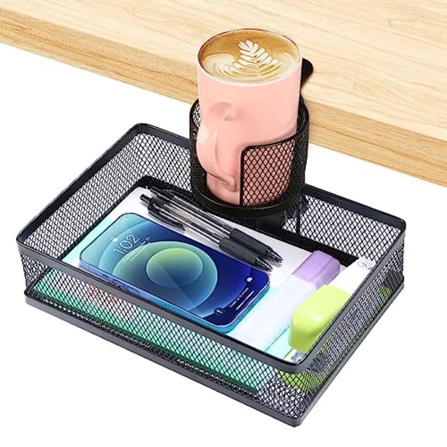 360 ° Cassetto Girevole Sotto Scrivania, Organizzatore Contenitore Sotto Scrivania con Portabicchieri e Morsetto, Cassetto B