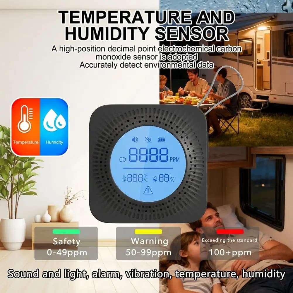 Rilevatore di monossido di carbonio per esterni alimentato a batteria con display LCD - Allarme CO per la sicurezza domestica per accessori di sicurezza avanzati