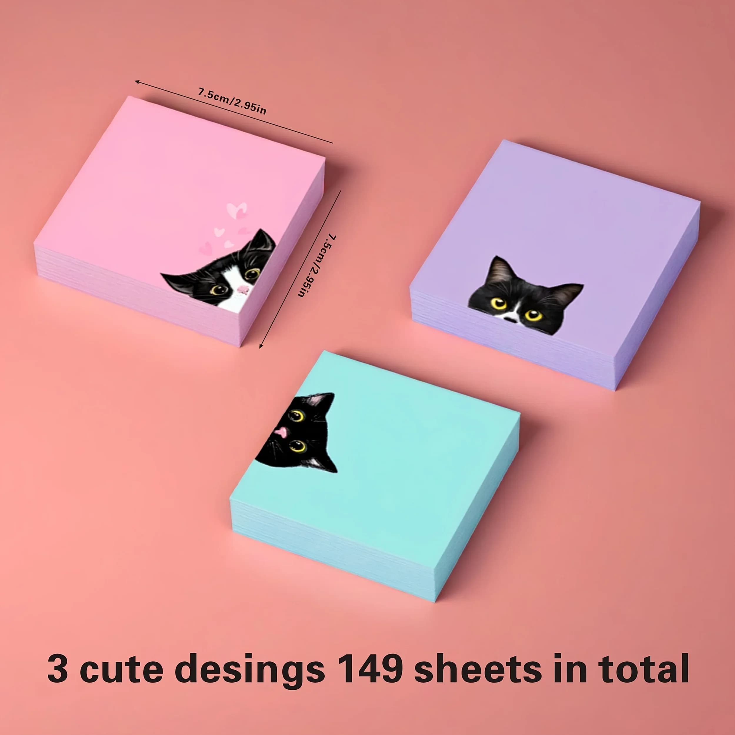 Set di 3 Blocchetti Adesivi a Forma di Gatto Nero, Memo Pad Rosa Super Adesivi, Regalo per il Ritorno a Scuola per Amanti dei Gatti e Insegnanti