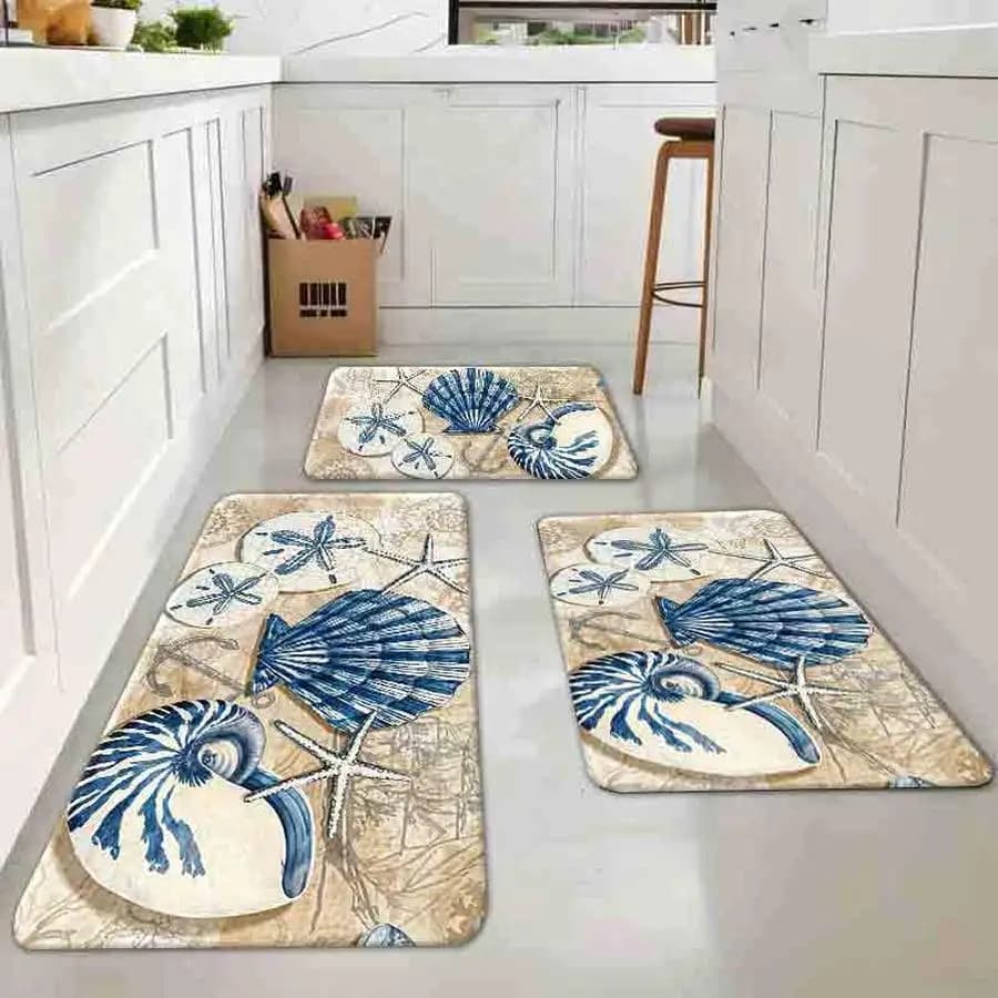 1pc flannel floor matNautical Seashell Print Non-Slip Floor Mat Decorative Bath Rug Coastal Home DecorNon-slip, machine washable, soft area rug for home living room bedroom kitchen decor
