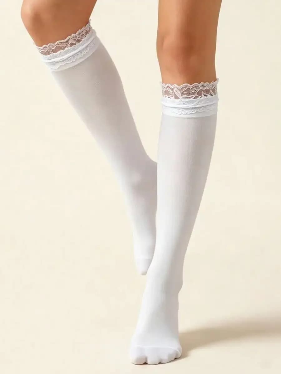 1 Pair Sweet Lolita White Knee High Socks With Scalloped Lace Trim, High Elasticity Soft Breathable, Princess Girly Style For