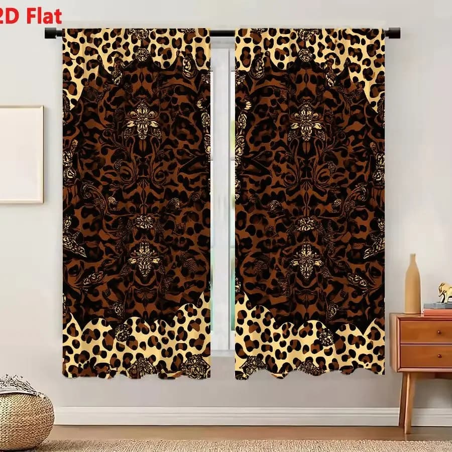 2Pcs Curtains 2D Flat Baroque Leopard Print Ornate Damask Pattern With Cherubs And Floral Scrollwork In Gold And Brown Window Dr