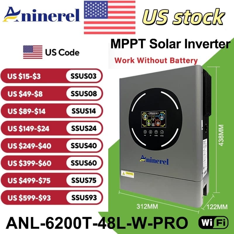 Aninerel 6.2KW 48V inverter solare ibrido 220V inverter a onda sinusoidale pura off/on grid integrato MPPT 120A regolatore di carica solare WiFi