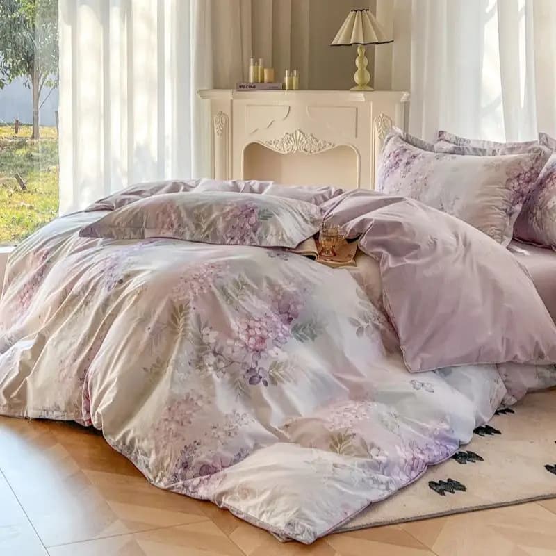 100% cotton flowers print set luxury single double bed linen Queen King Size duvet sheet/with pillow corners 3/4 pieces