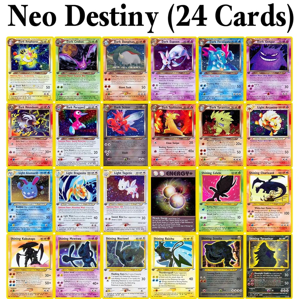 24 Pz/set PKM Proxy Carte Da Gioco Neo Destiny (N4) Set Intero 1-16/106-113 Numero Carte Foil Brillante Celebi Shining Charizard Mewtwo