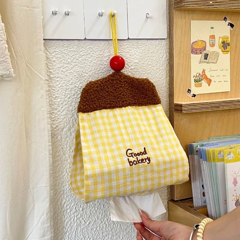 Creative Cartoon Grid Pattern Tissue Box Holder Cute Fabric Toilet Storage Paper Car Mounted Tissue Small Hanging Bag Decoration