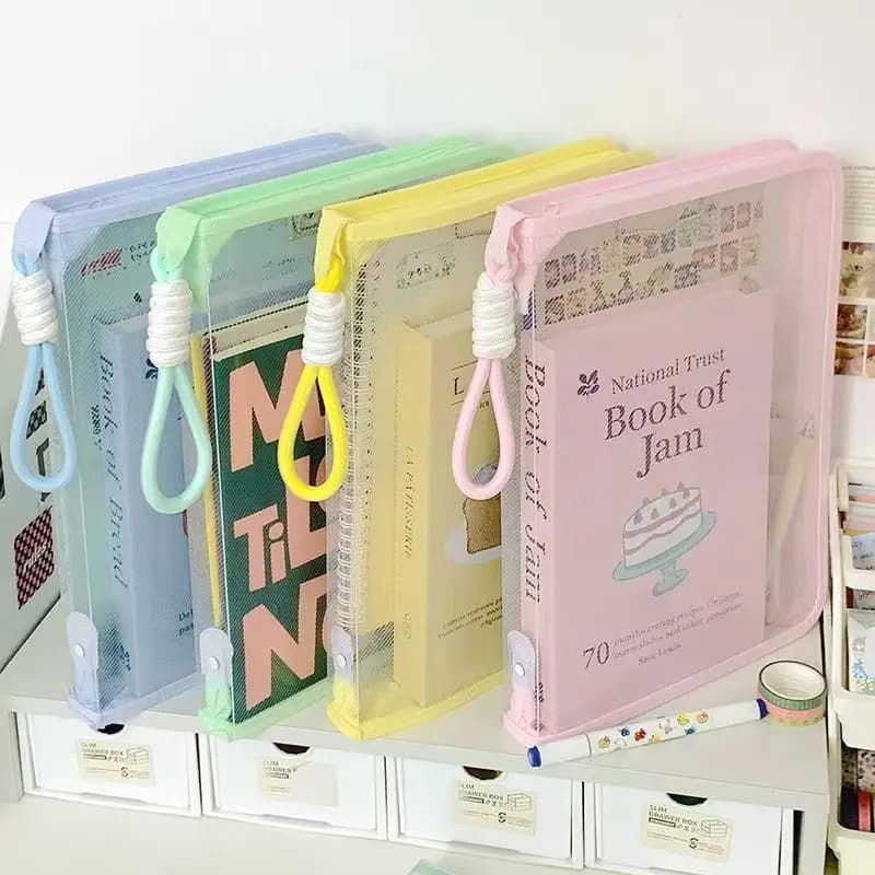 Document Bag Transparent with Handle Zipper Hard Shell File Folder for Students Test Paper Organizer Cartoon Design Storage
