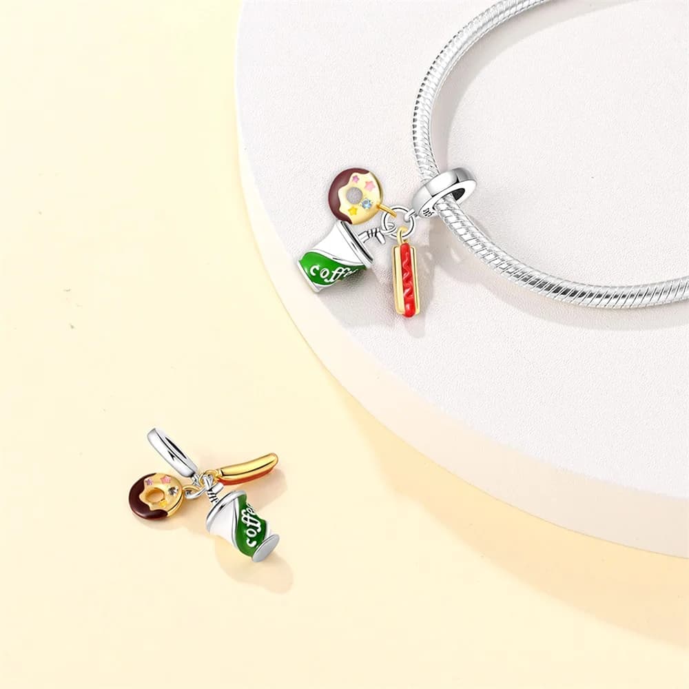 Original 925 Silver Charms Luxury Coffee Donut Beads Fit Bracelet Diy Women Making Delicate Gift